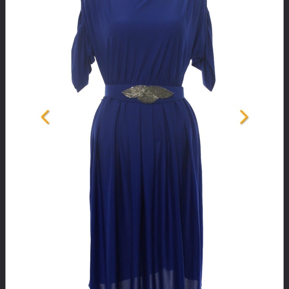 Chic Royal Blue Midi Dress with Embellished Belt